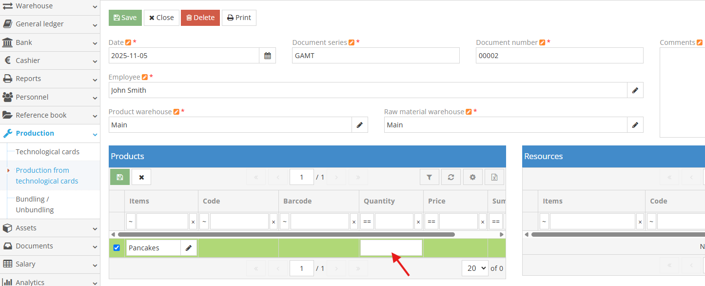 Specifying the quantity of products to be produced